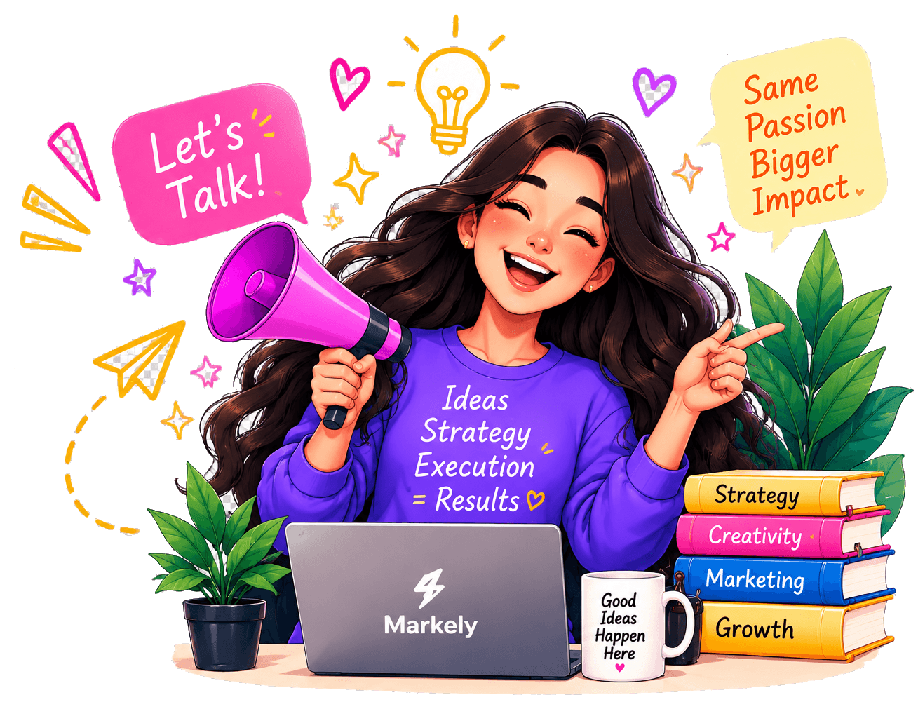 Illustrated Markely strategist with a megaphone, celebrating at her laptop and inviting you to talk