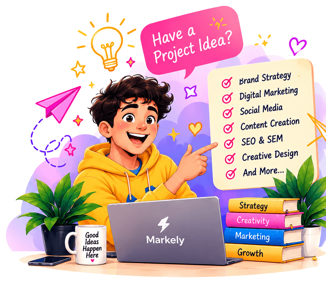 Illustrated Markely strategist pointing at a checklist of services: brand strategy, digital marketing, social media, content creation, SEO and SEM, creative design, and more