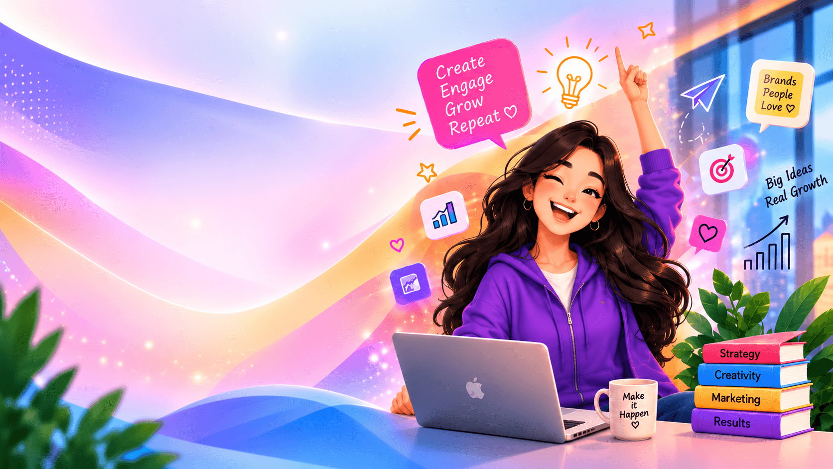 Illustrated marketing strategist celebrating at her laptop, surrounded by campaign doodles reading create, engage, grow, repeat, and brands people love