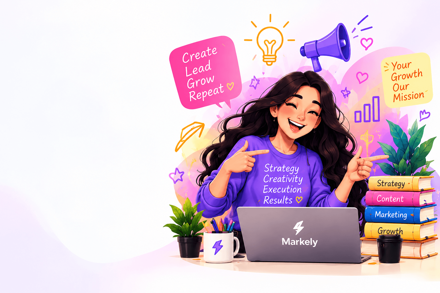 Illustrated Markely strategist celebrating at her laptop, surrounded by doodles reading create, lead, grow, repeat, and your growth our mission